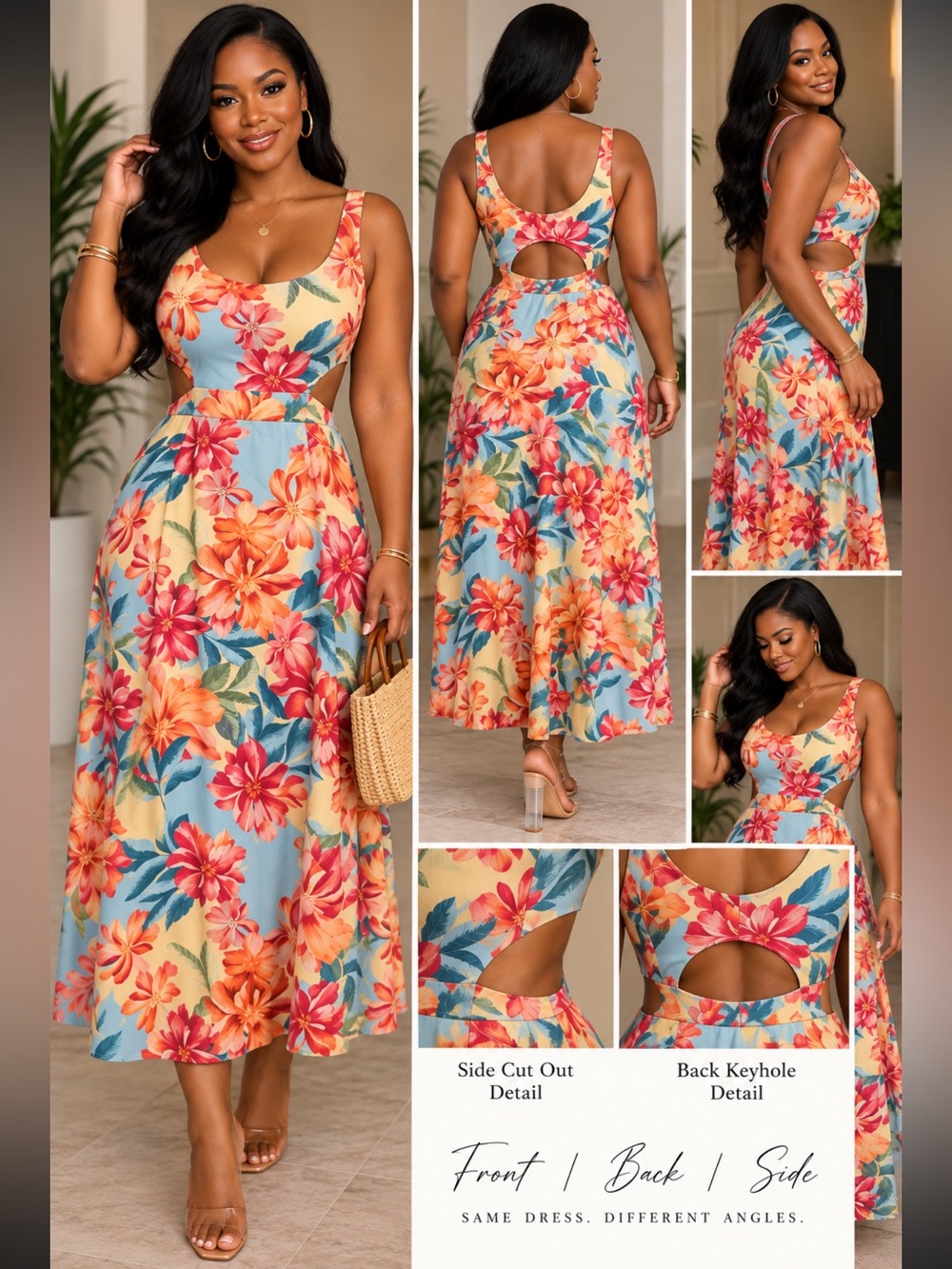 Floral Cutout Maxi Dress - Blue & Coral🪷